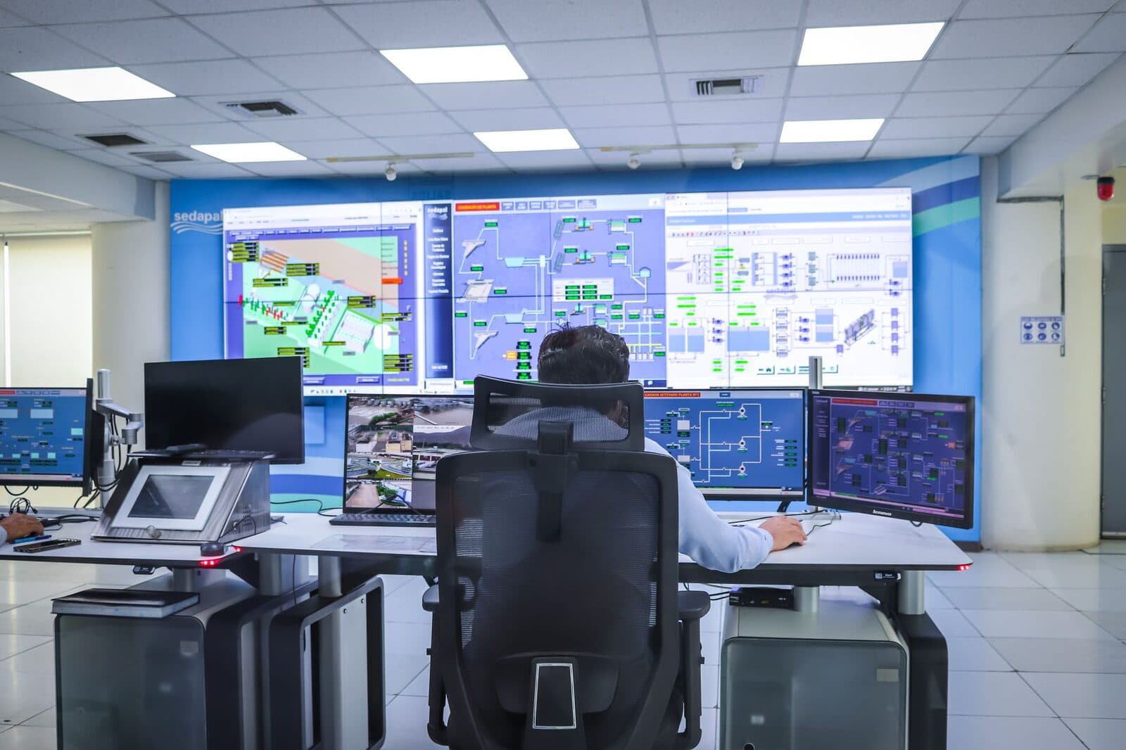 Network operations center with monitoring screens